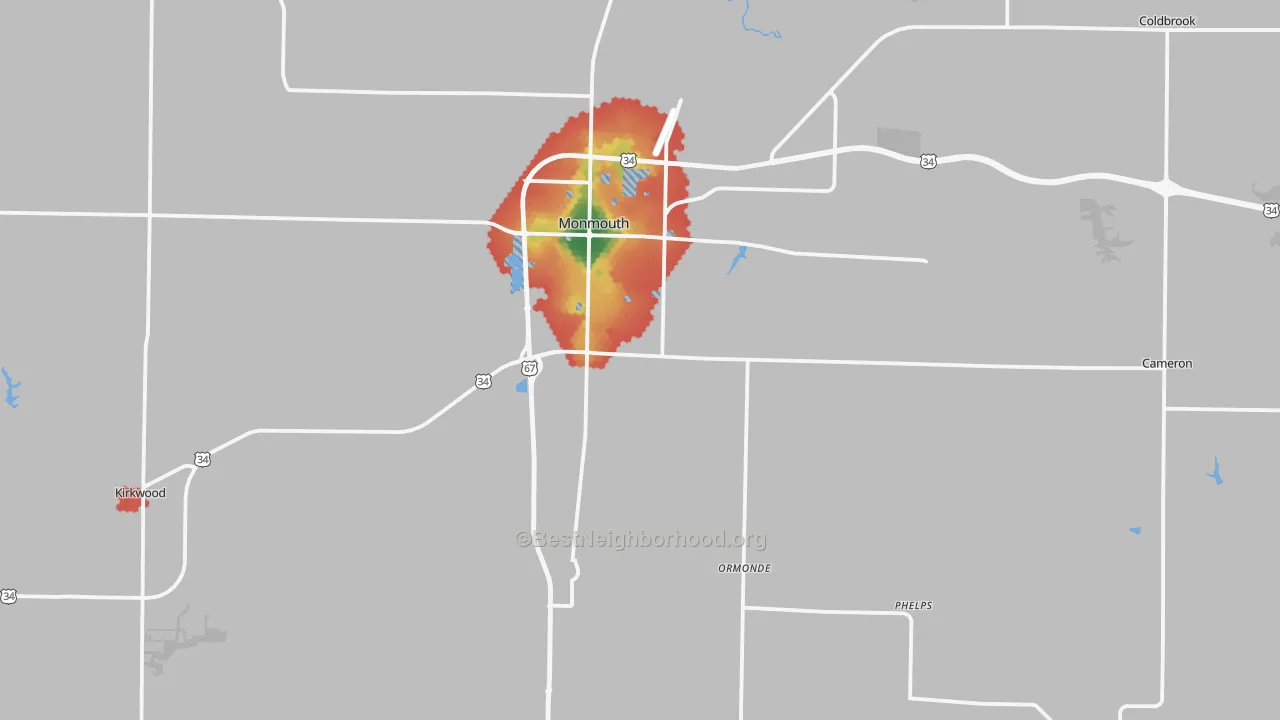 Walk Grade map of Warren County, IL, walkable areas in green and car-dependent areas in red