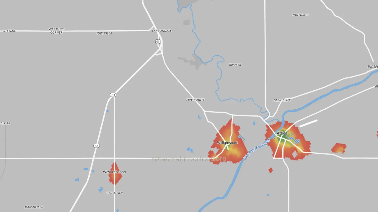 Walk Grade map of Warren County, IN, walkable areas in green and car-dependent areas in red