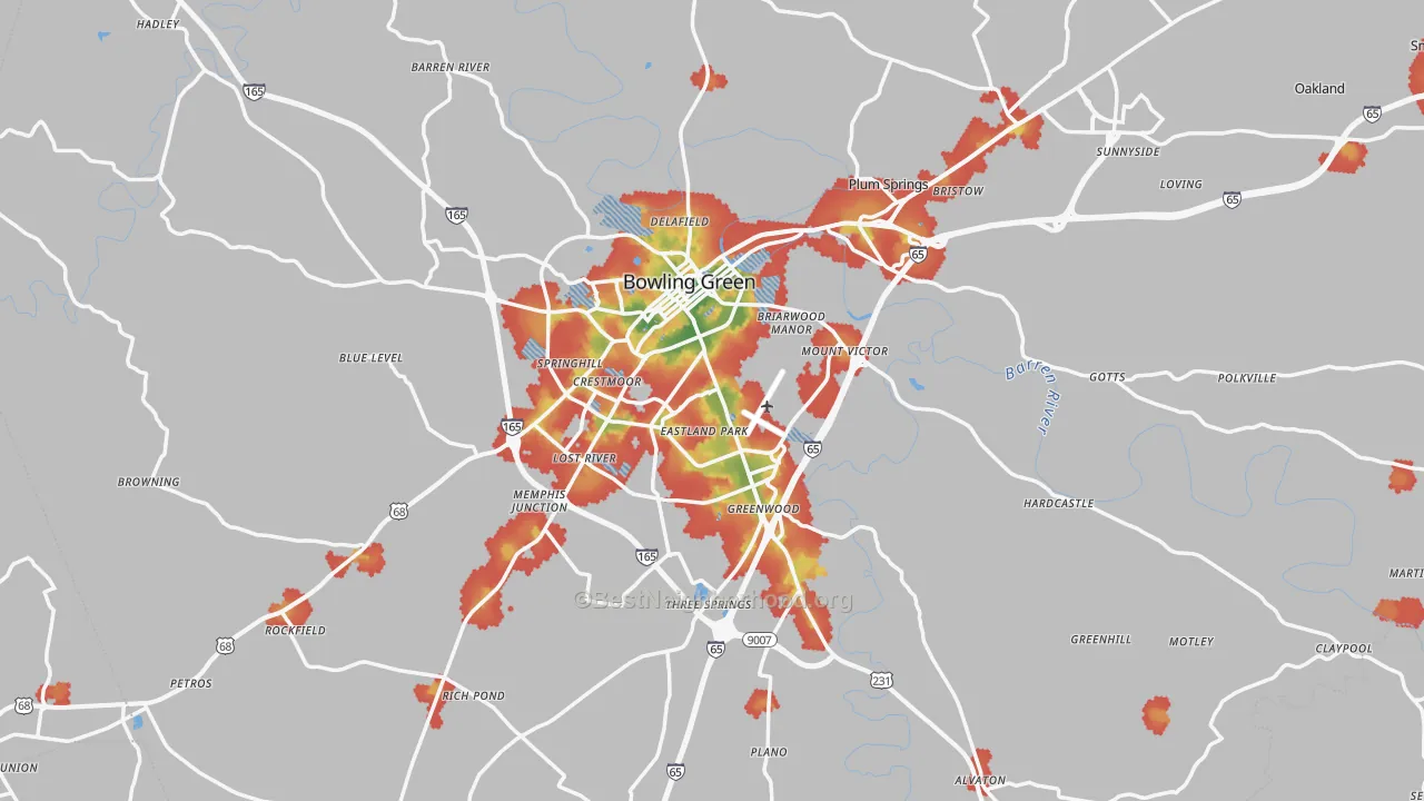 Walk Grade map of Warren County, KY, walkable areas in green and car-dependent areas in red
