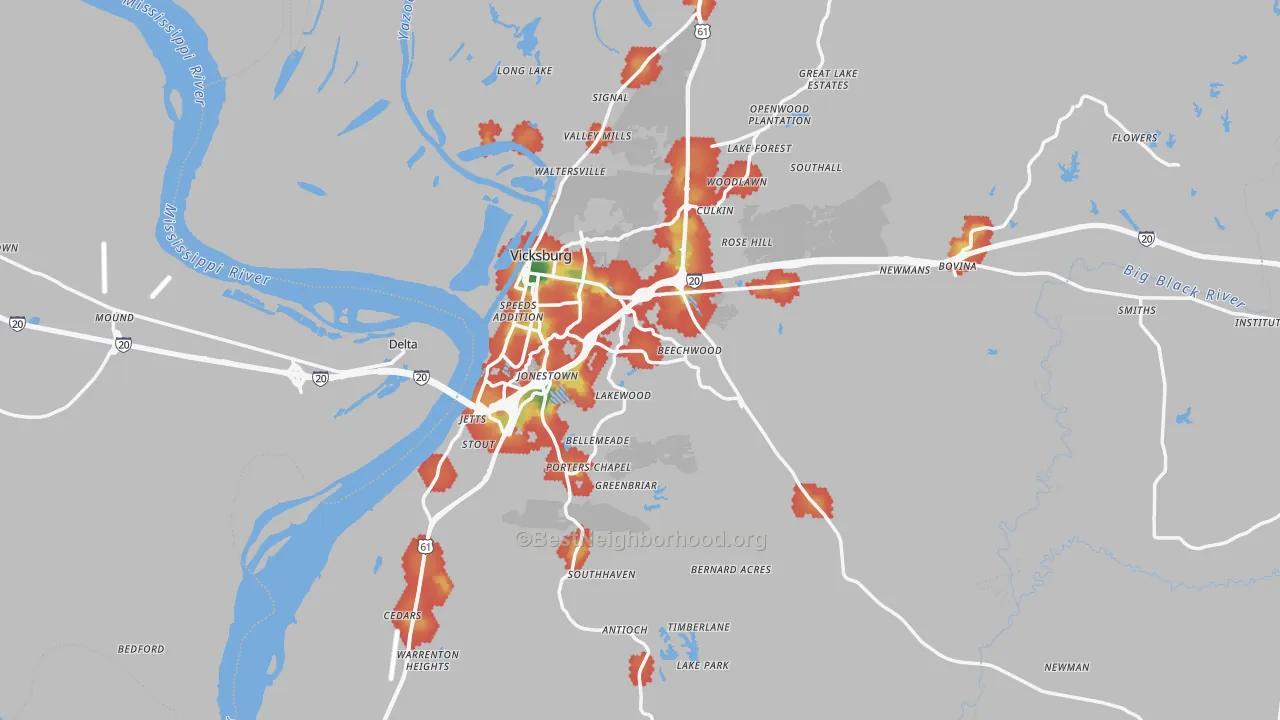 Walk Grade map of Warren County, MS, walkable areas in green and car-dependent areas in red