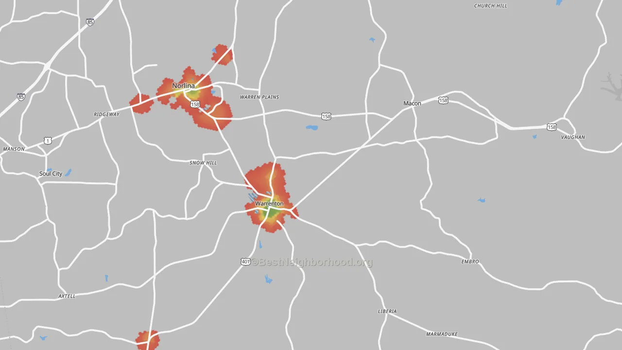 Walk Grade map of Warren County, NC, walkable areas in green and car-dependent areas in red
