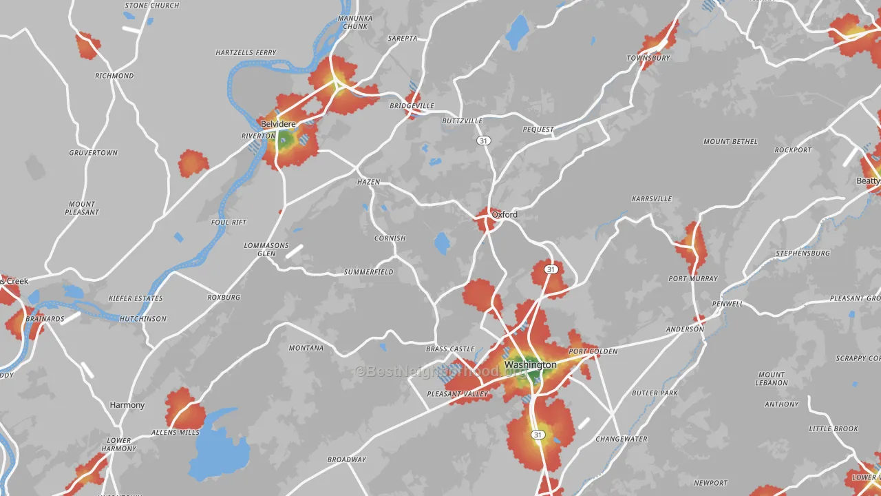 Walk Grade map of Warren County, NJ, walkable areas in green and car-dependent areas in red