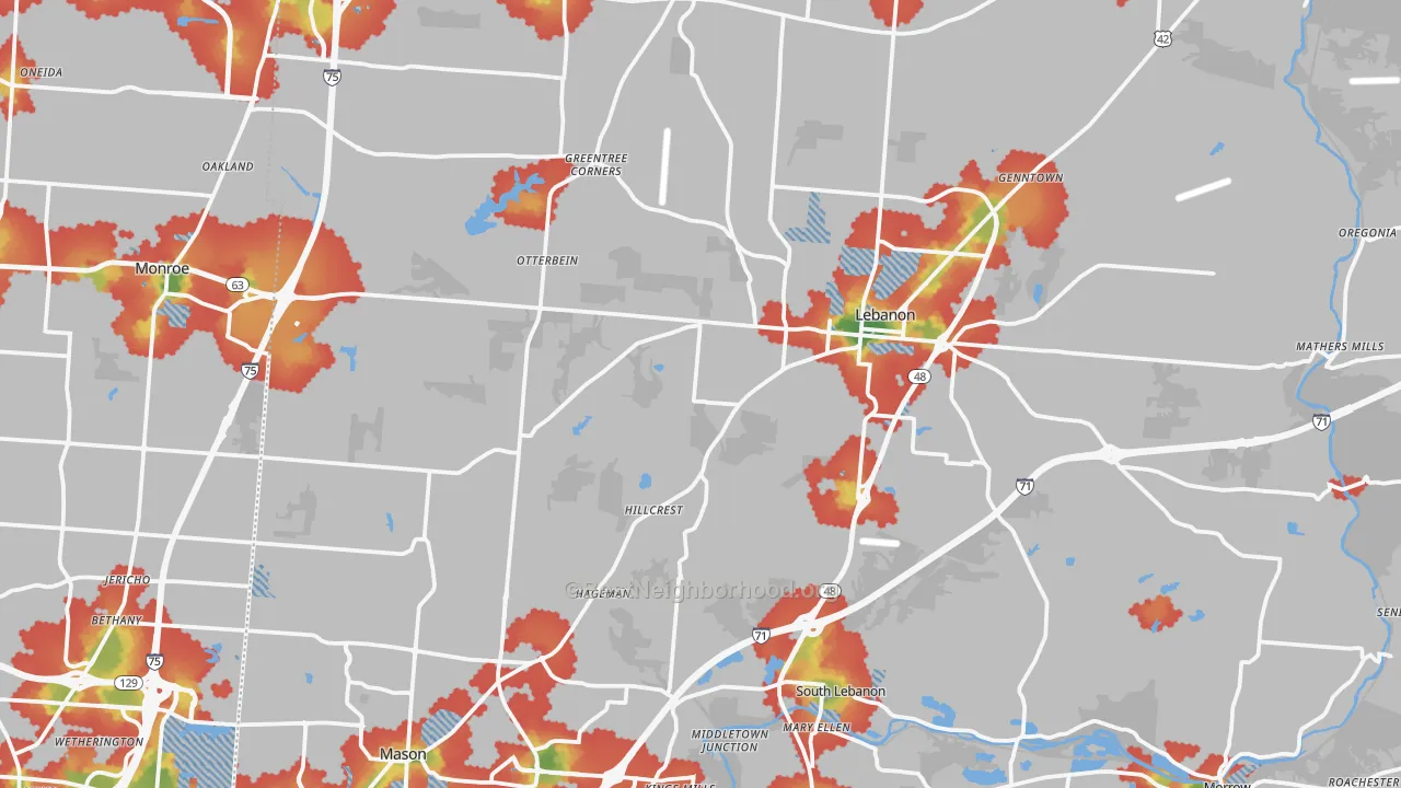 Walk Grade map of Warren County, OH, walkable areas in green and car-dependent areas in red