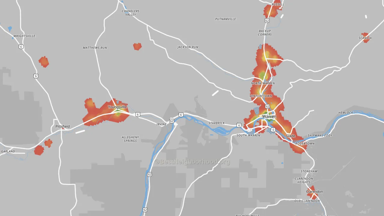 Walk Grade map of Warren County, PA, walkable areas in green and car-dependent areas in red