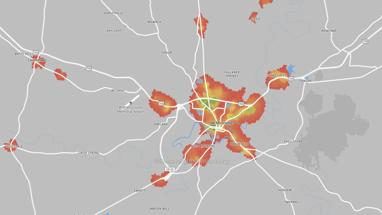 Walk Grade map of Warren County, TN, walkable areas in green and car-dependent areas in red
