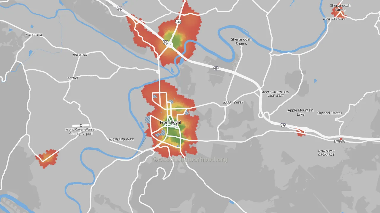 Walk Grade map of Warren County, VA, walkable areas in green and car-dependent areas in red