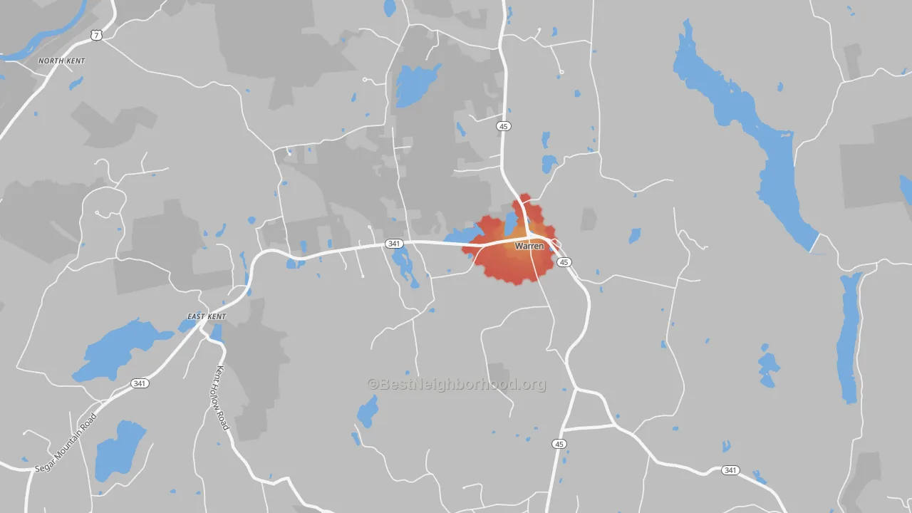 Walk Grade map of Warren, CT, walkable areas in green and car-dependent areas in red
