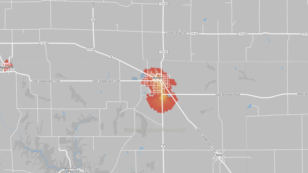 Walk Grade map of Warren, IL, walkable areas in green and car-dependent areas in red