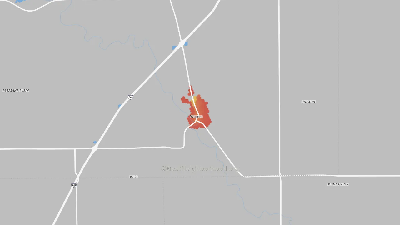 Walk Grade map of Warren, IN, walkable areas in green and car-dependent areas in red