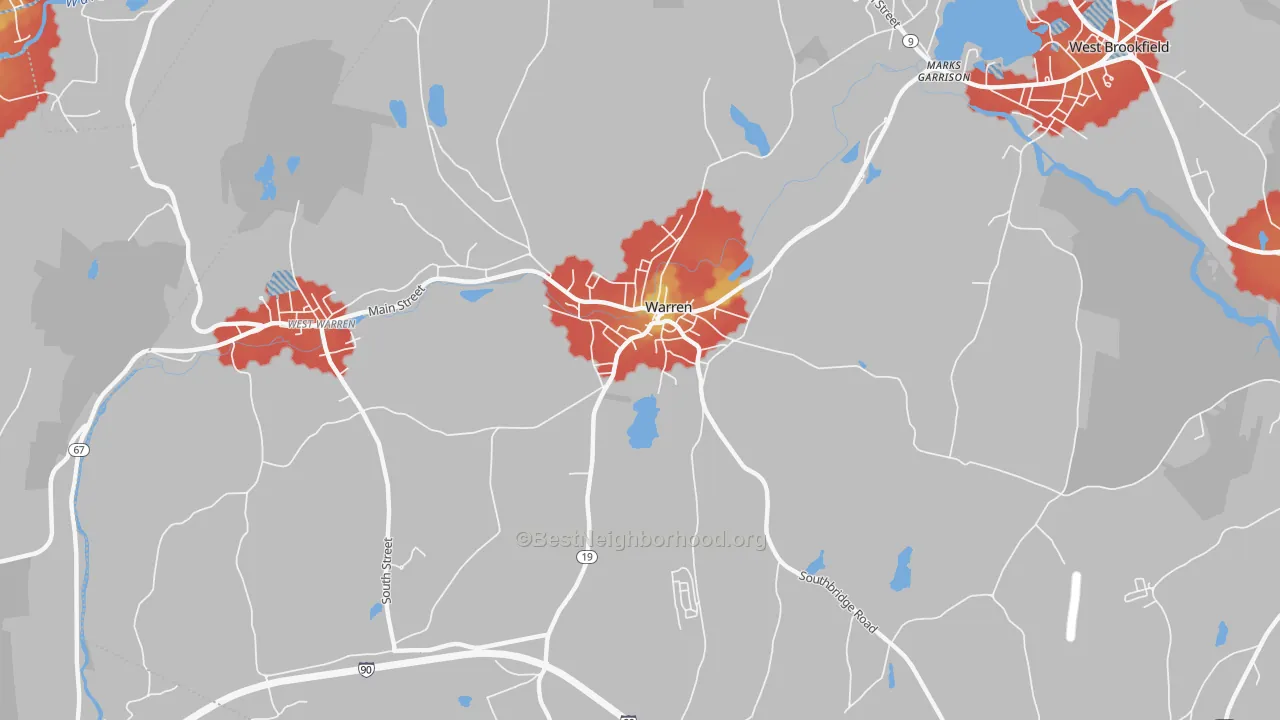 Walk Grade map of Warren, MA, walkable areas in green and car-dependent areas in red