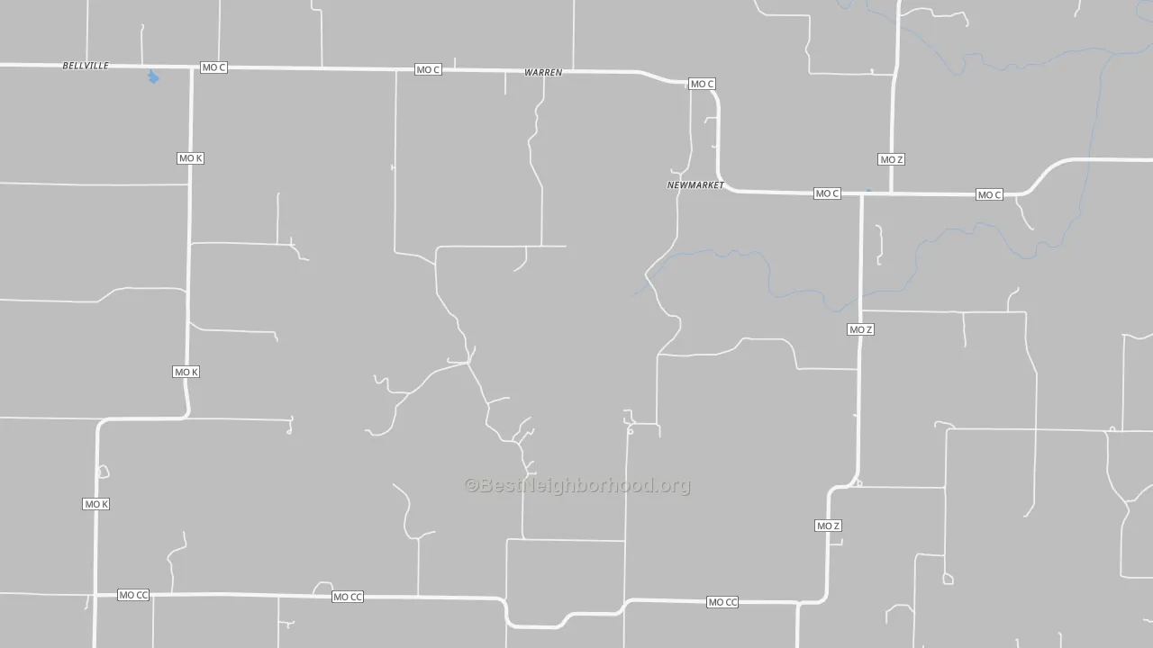Walk Grade map of Warren, MO, walkable areas in green and car-dependent areas in red
