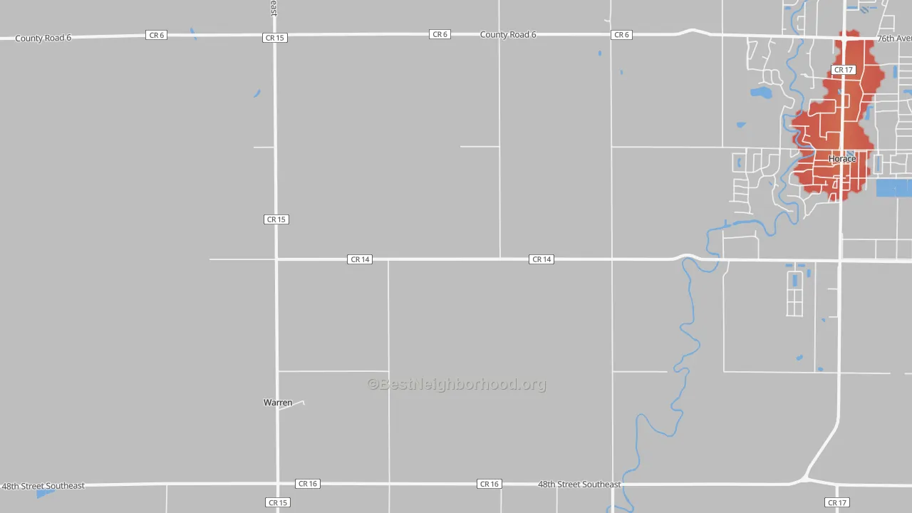 Walk Grade map of Warren, ND, walkable areas in green and car-dependent areas in red