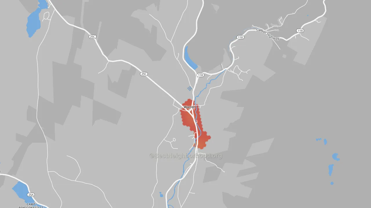 Walk Grade map of Warren, NH, walkable areas in green and car-dependent areas in red