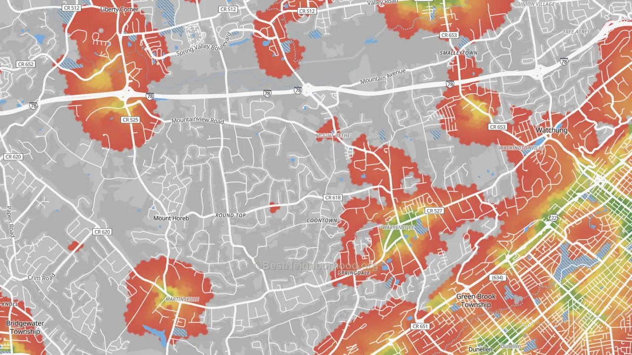 Walk Grade map of Warren, NJ, walkable areas in green and car-dependent areas in red
