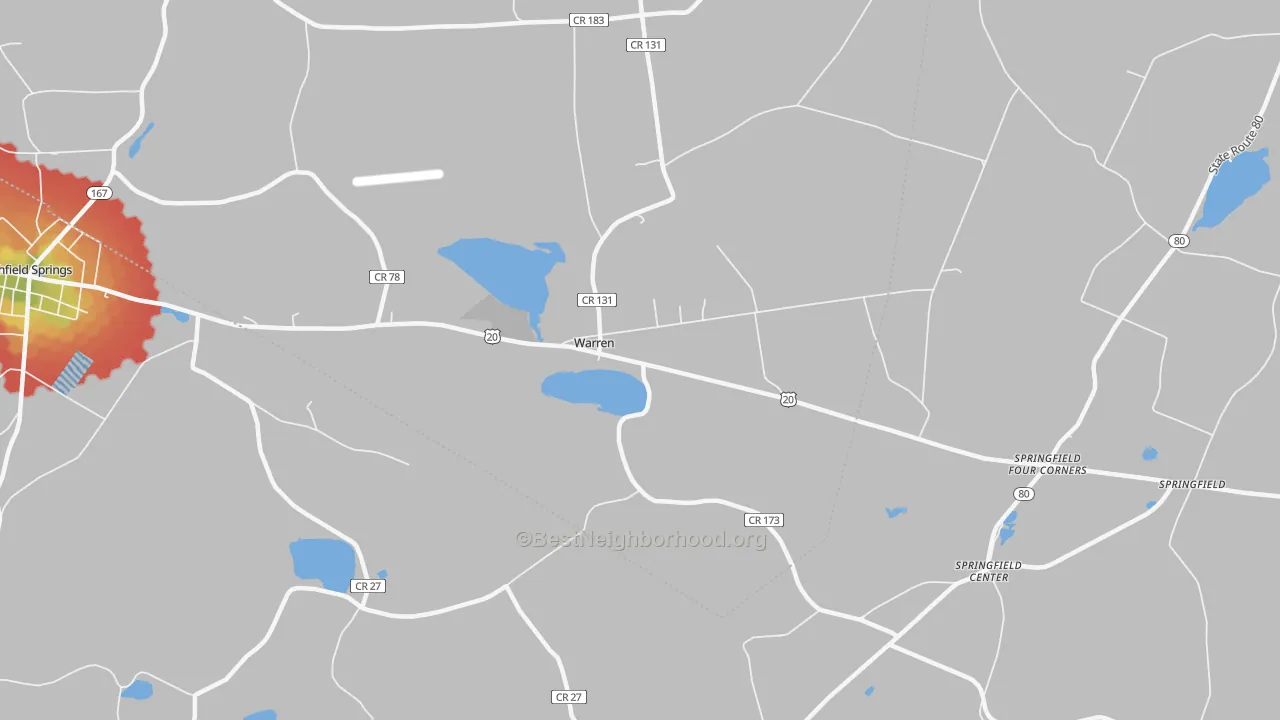 Walk Grade map of Warren, NY, walkable areas in green and car-dependent areas in red