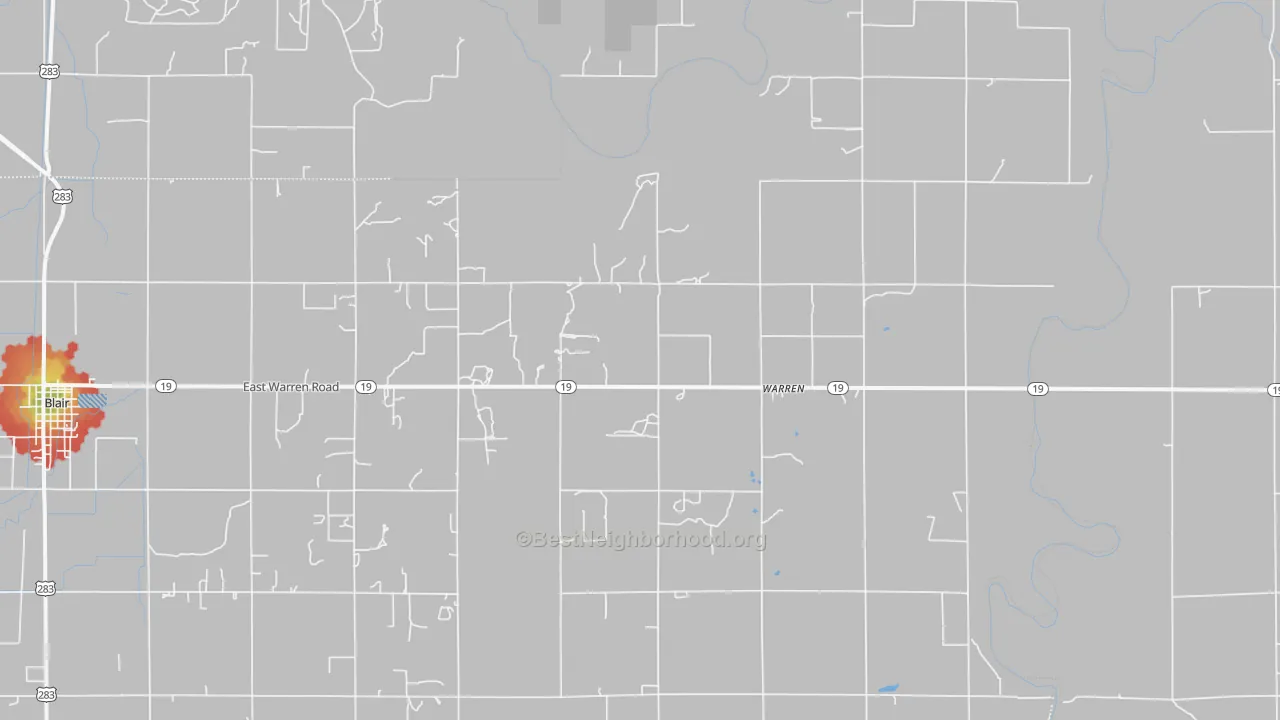 Walk Grade map of Warren, OK, walkable areas in green and car-dependent areas in red
