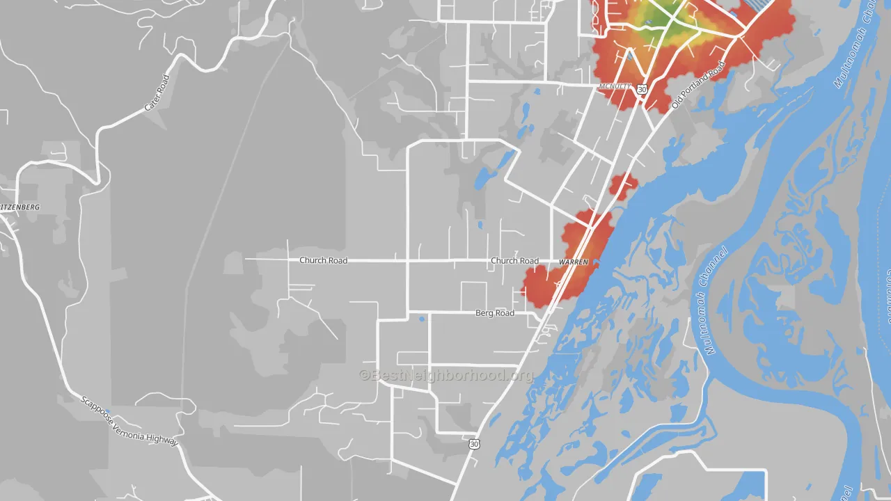 Walk Grade map of Warren, OR, walkable areas in green and car-dependent areas in red