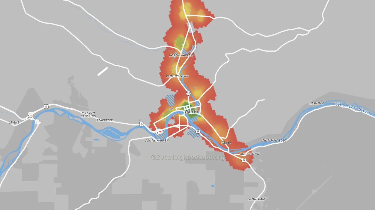 Walk Grade map of Warren, PA, walkable areas in green and car-dependent areas in red