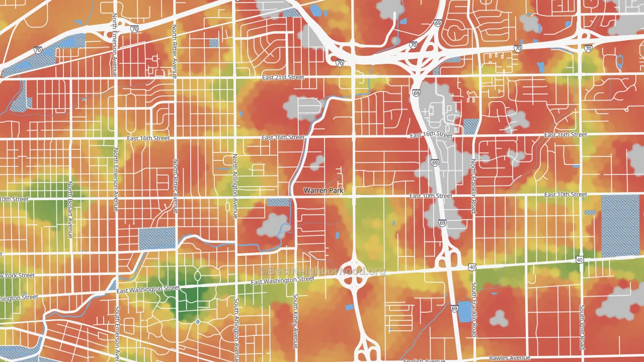 Walk Grade map of Warren Park, IN, walkable areas in green and car-dependent areas in red