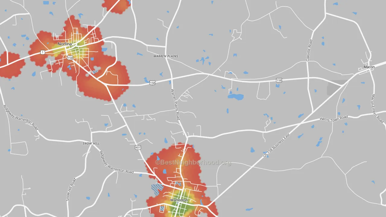 Walk Grade map of Warren Plains, NC, walkable areas in green and car-dependent areas in red