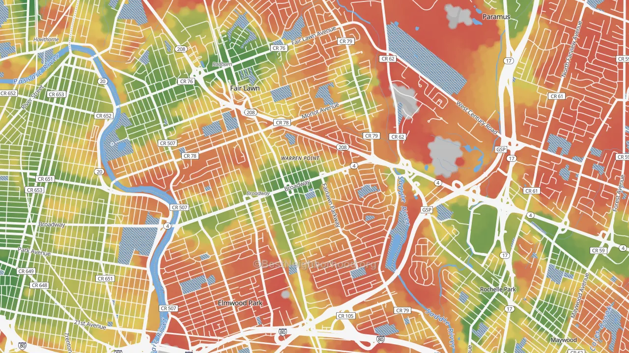 Walk Grade map of Warren Point, Fair Lawn, NJ, walkable areas in green and car-dependent areas in red