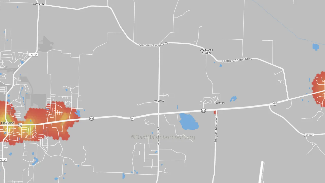Walk Grade map of Warren, TN, walkable areas in green and car-dependent areas in red