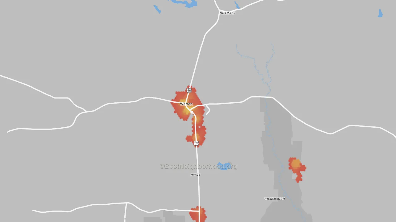 Walk Grade map of Warren, TX, walkable areas in green and car-dependent areas in red