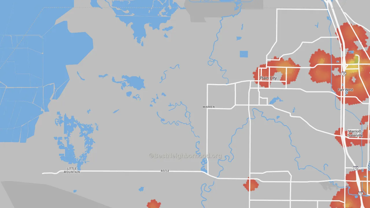 Walk Grade map of Warren, UT, walkable areas in green and car-dependent areas in red