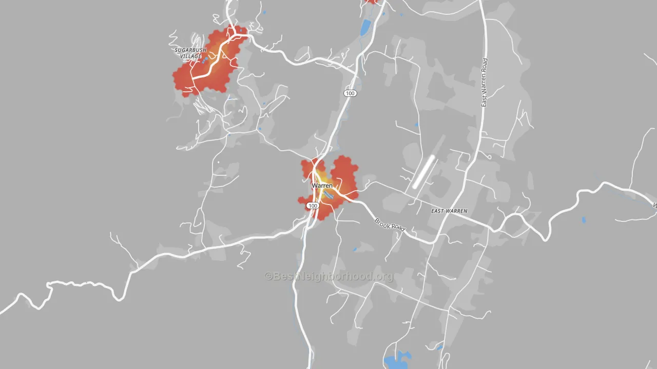 Walk Grade map of Warren, VT, walkable areas in green and car-dependent areas in red