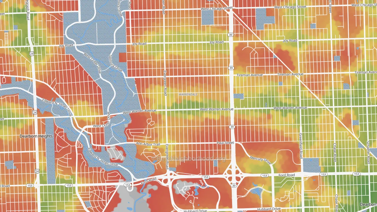 Walk Grade map of Warrendale, Detroit, MI, walkable areas in green and car-dependent areas in red