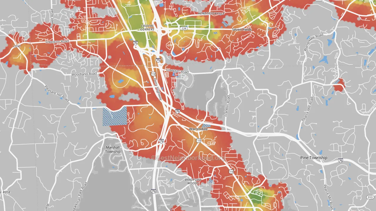 Walk Grade map of Warrendale, PA, walkable areas in green and car-dependent areas in red
