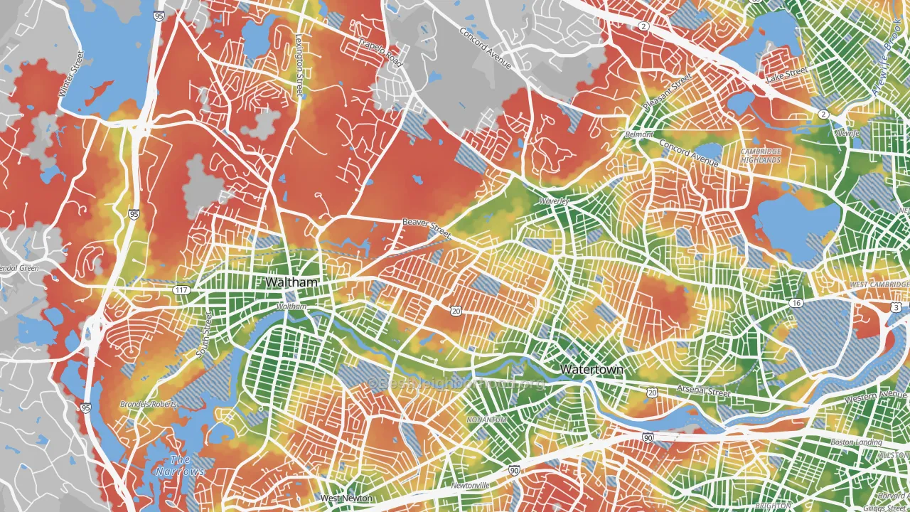Walk Grade map of Warrendale, Waltham, MA, walkable areas in green and car-dependent areas in red