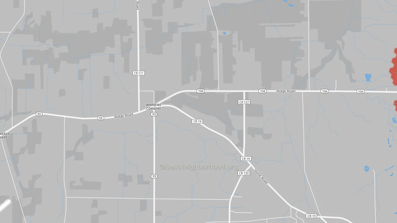 Walk Grade map of Warrens Corners, NY, walkable areas in green and car-dependent areas in red