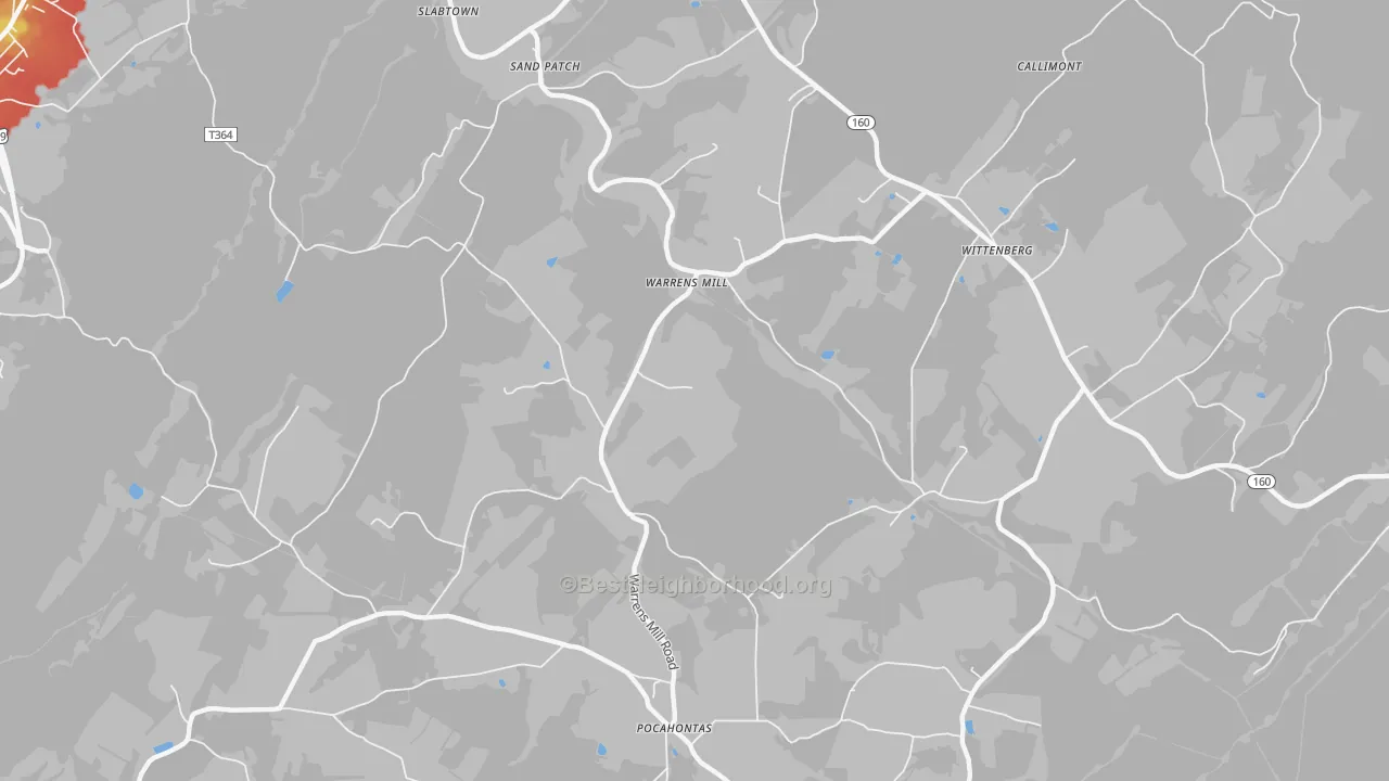 Walk Grade map of Warrens Mill, PA, walkable areas in green and car-dependent areas in red