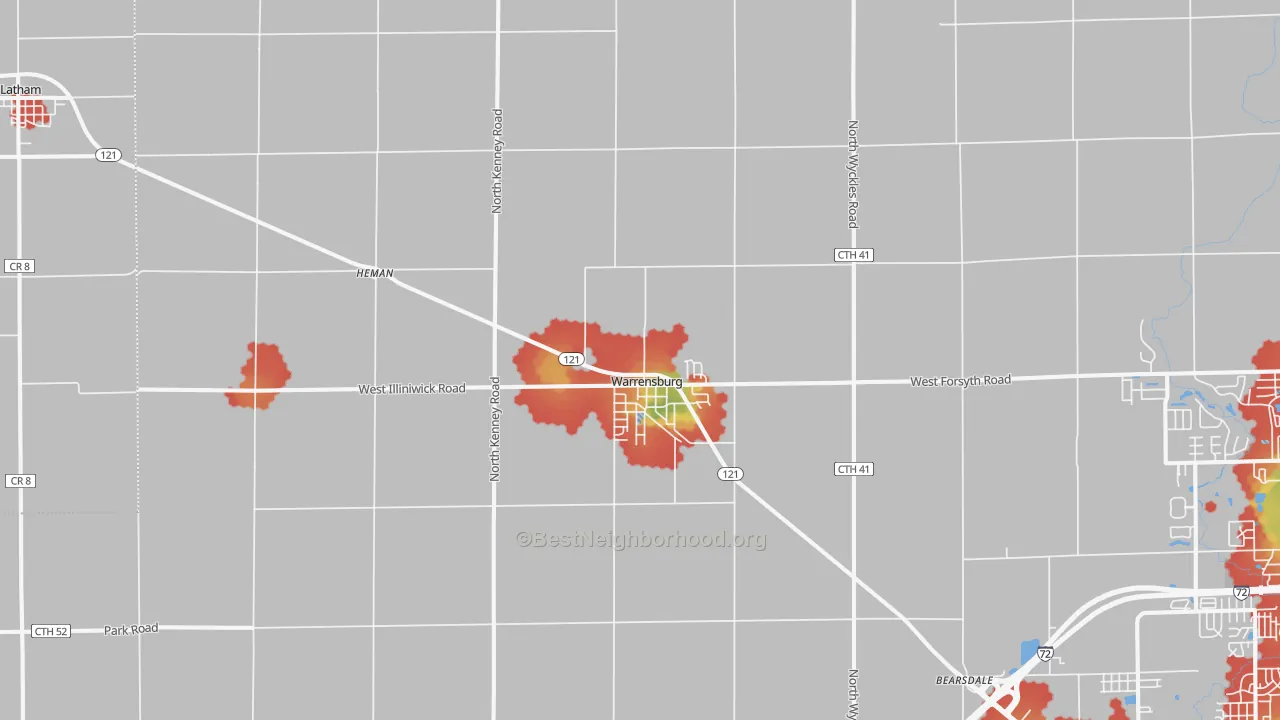 Walk Grade map of Warrensburg, IL, walkable areas in green and car-dependent areas in red