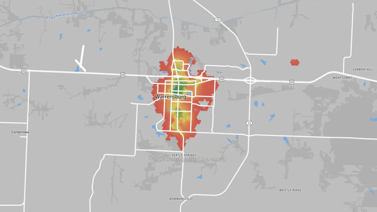 Walk Grade map of Warrensburg, MO, walkable areas in green and car-dependent areas in red