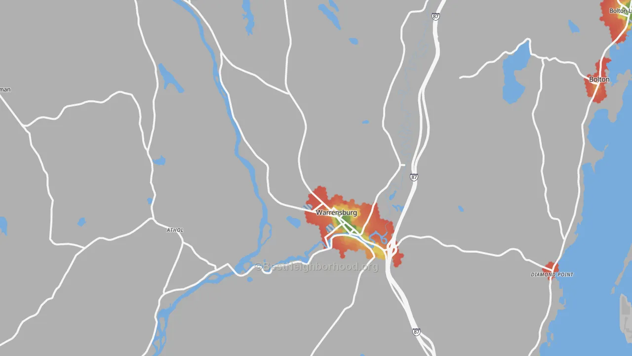 Walk Grade map of Warrensburg, NY, walkable areas in green and car-dependent areas in red