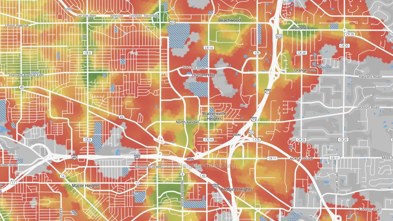 Walk Grade map of Warrensville Heights, OH, walkable areas in green and car-dependent areas in red