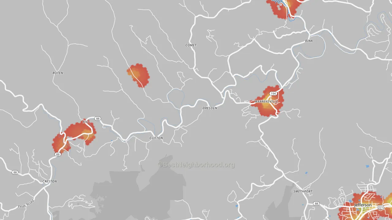 Walk Grade map of Warrensville, NC, walkable areas in green and car-dependent areas in red