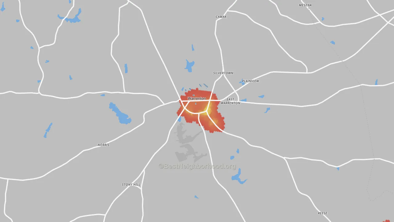 Walk Grade map of Warrenton, GA, walkable areas in green and car-dependent areas in red