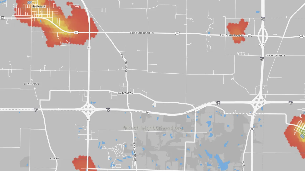 Walk Grade map of Warrenton, IN, walkable areas in green and car-dependent areas in red
