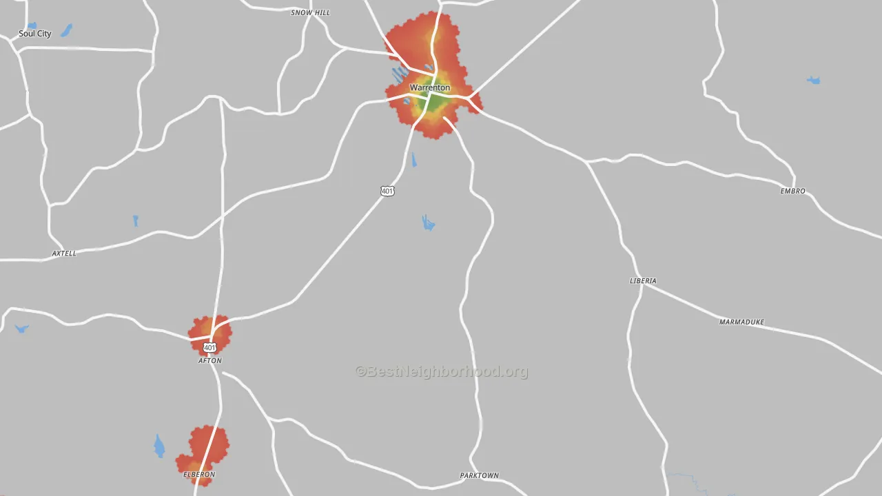 Walk Grade map of Warrenton, NC, walkable areas in green and car-dependent areas in red