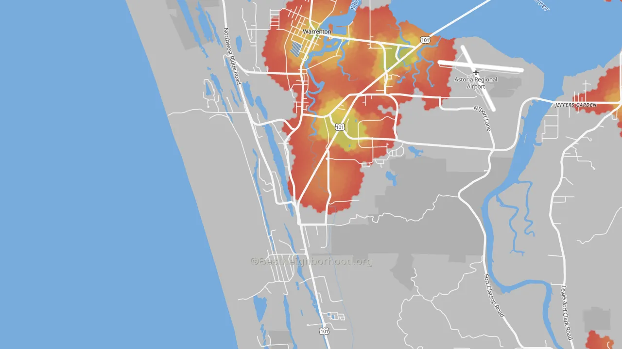 Walk Grade map of Warrenton, OR, walkable areas in green and car-dependent areas in red