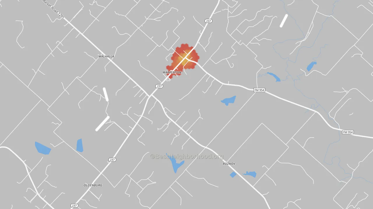 Walk Grade map of Warrenton, TX, walkable areas in green and car-dependent areas in red