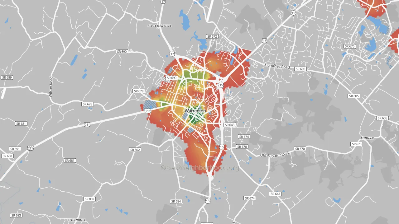 Walk Grade map of Warrenton, VA, walkable areas in green and car-dependent areas in red