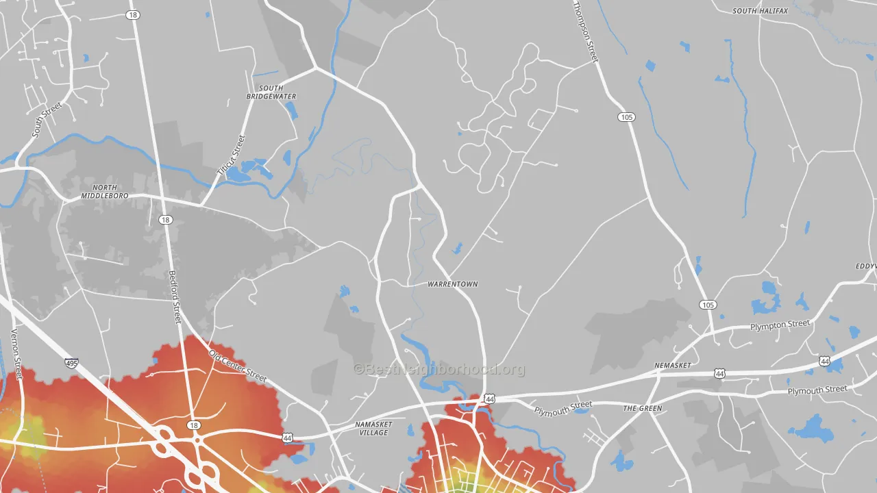 Walk Grade map of Warrentown, MA, walkable areas in green and car-dependent areas in red