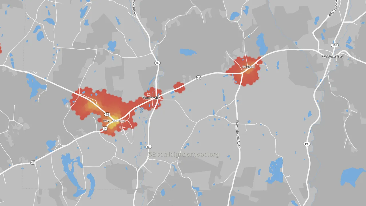 Walk Grade map of Warrenville, CT, walkable areas in green and car-dependent areas in red
