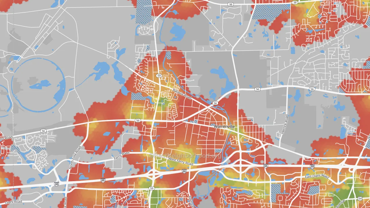 Walk Grade map of Warrenville, IL, walkable areas in green and car-dependent areas in red