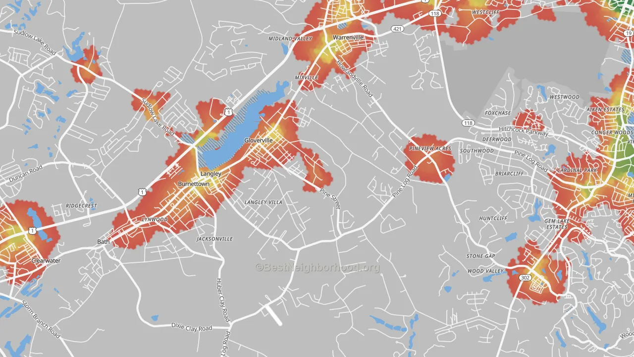 Walk Grade map of Warrenville, SC, walkable areas in green and car-dependent areas in red