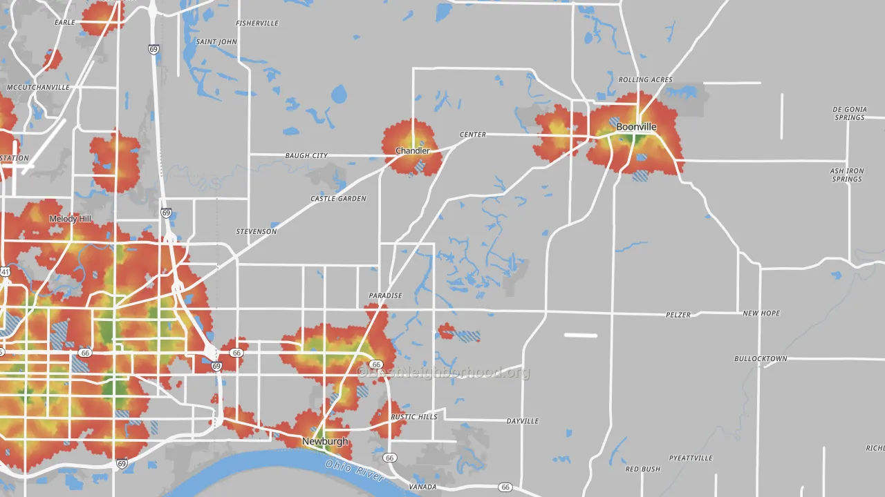 Walk Grade map of Warrick County, IN, walkable areas in green and car-dependent areas in red